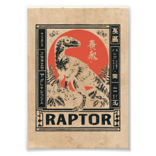 Raptor Dinosaur Japandi Art   Wabi Sabi Red Sun Fotodruck