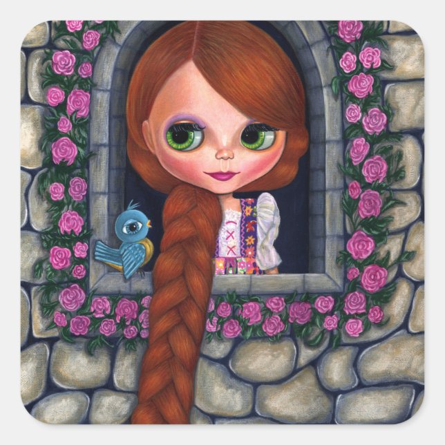 Rapunzel Big Eyes Girl Doll Niedlich Redhead Blueb Quadratischer Aufkleber (Vorderseite)