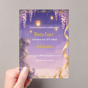 Rapunzel-Thema Quinceañera Lila Gold Prinzessin Acryleinladungen