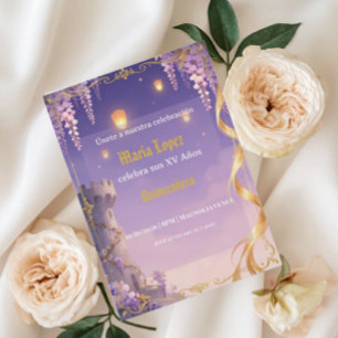 Rapunzel-Thema Quinceañera Lila Gold Prinzessin Einladung