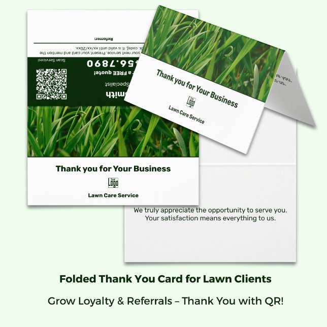 Rasenpflege Dankeschön Empfehlungskarte mit Logo (Lawn Lawn Care Thank You Referral Card with Logo - Green White Branding - Folded Size: 3.5x2 Inch)