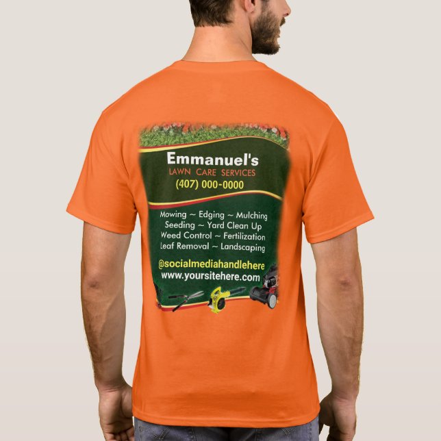 Rasenpflege Graslandschaften schneiden Orange T-Shirt (Rückseite)