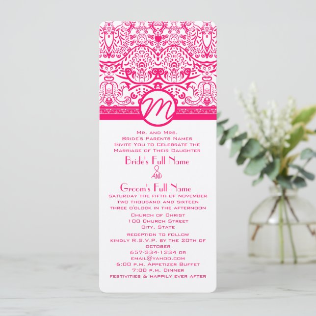 Raspberry Bright Pink Love Bird Wedding Einladung (Stehend Vorderseite)