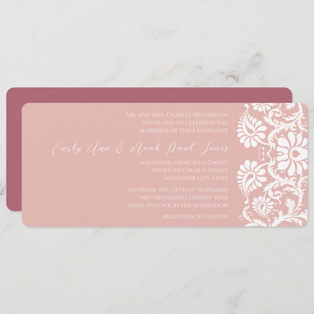 Raspberry Damask Wirbel Hochzeitsfeier Einladung (Vorne/Hinten)