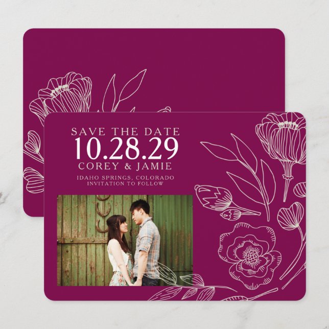 Raspberry Elegant Blumenhochzeit Save The Date (Vorne/Hinten)