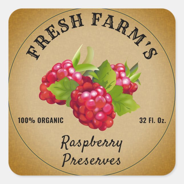 Raspberry Fruchtkonservierung | Jam Label Quadratischer Aufkleber (Vorderseite)