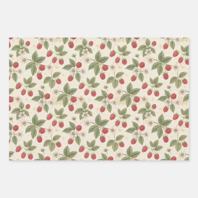 Raspberry Fruit Bunches with Leaves and Blossom  Geschenkpapier Set (Vorderseite)