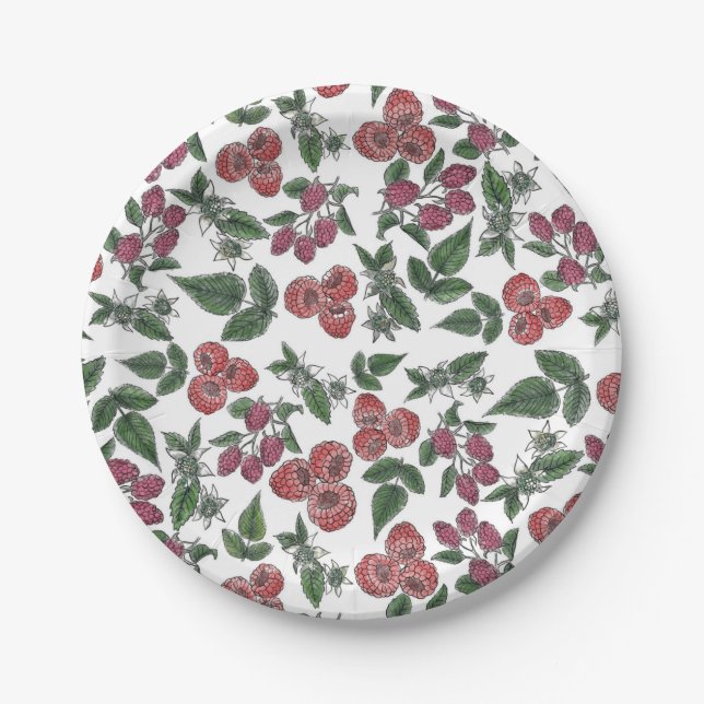 Raspberry Fruit Leaves Illustration Pattern Pappteller (Vorderseite)