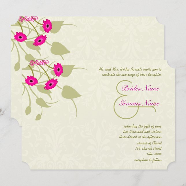 Raspberry Gerber Damask Hochzeitseinladungen Einladung (Vorne/Hinten)