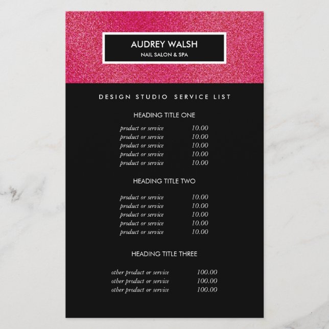 Raspberry Glitzer Black Salon Pricing & bServices Flyer (Vorne)