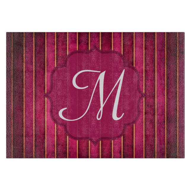 Raspberry Gold Strip Monogram Glas Cutting Board Schneidebrett (Vorderseite)