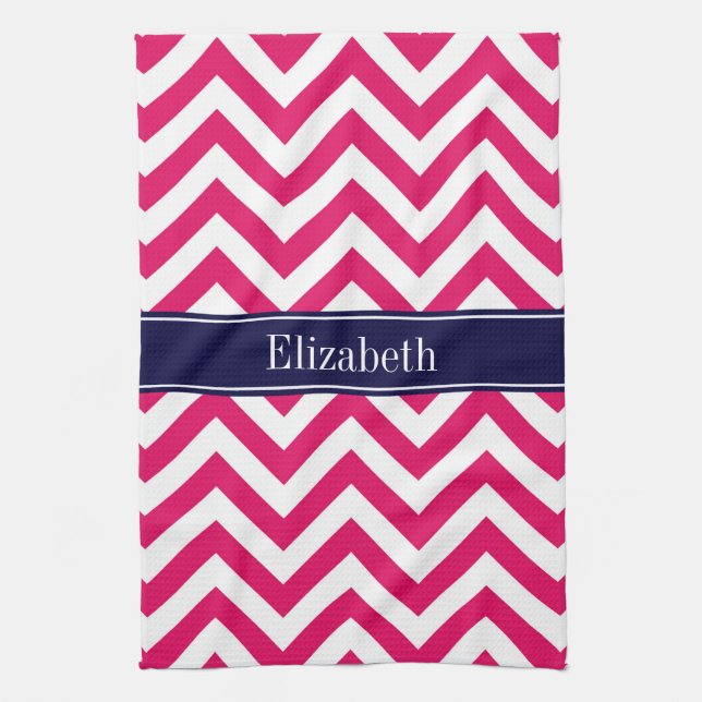 Raspberry Lg Zickzack Navy Name Monogram Küchentuch (Vertikal)