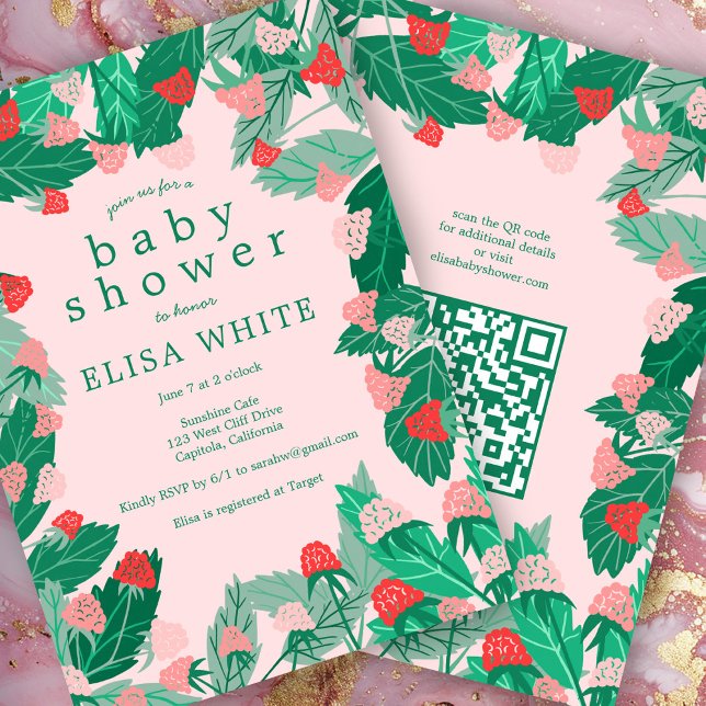 Raspberry Patch Niedlich CUSTOM QR Code BABY SHOWE Einladung (Raspberry Patch Cute CUSTOM QR Code BABY SHOWER Invitation Pink Green)