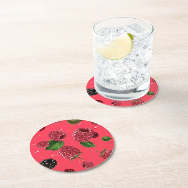Raspberry Pattern Runder Pappuntersetzer (Vor Ort)