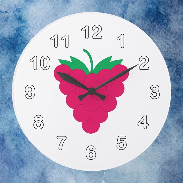 Raspberry Pink Berry Fruit with Numbers Große Wanduhr (A clock with a graphic of a pink raspberry and white numbers with a black outline.)