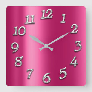 Raspberry Pink Metallic Minimal Silver Fuchsia Quadratische Wanduhr