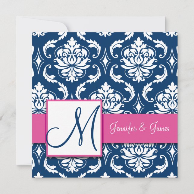 Raspberry Pink Navy Blue Damask Einladung (Vorderseite)