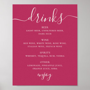 Raspberry Pink Script Hochzeitsgetränke Bar Menü Poster