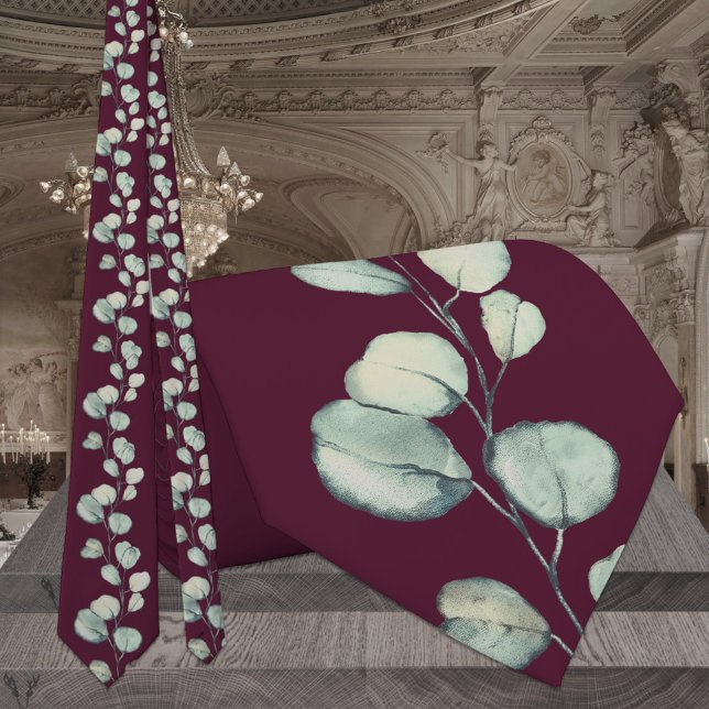 Raspberry Red Burgundy Sage Eucalyptus Wedding Krawatte (Von Creator hochgeladen)
