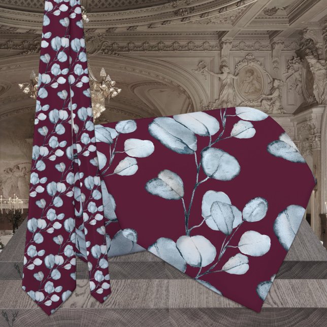 Raspberry Red Dusty Blue Eucalyptus Wedding Krawatte (Von Creator hochgeladen)