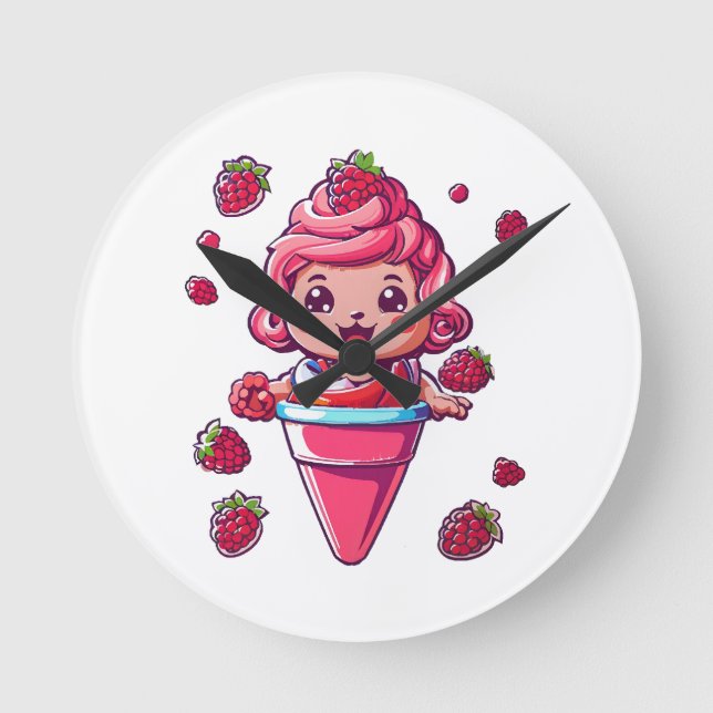 Raspberry Sorbet Kawaii Runde Wanduhr (Vorderseite)