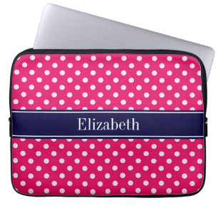 Raspberry White Polka Dots Navy Blue Name Monogram Laptopschutzhülle