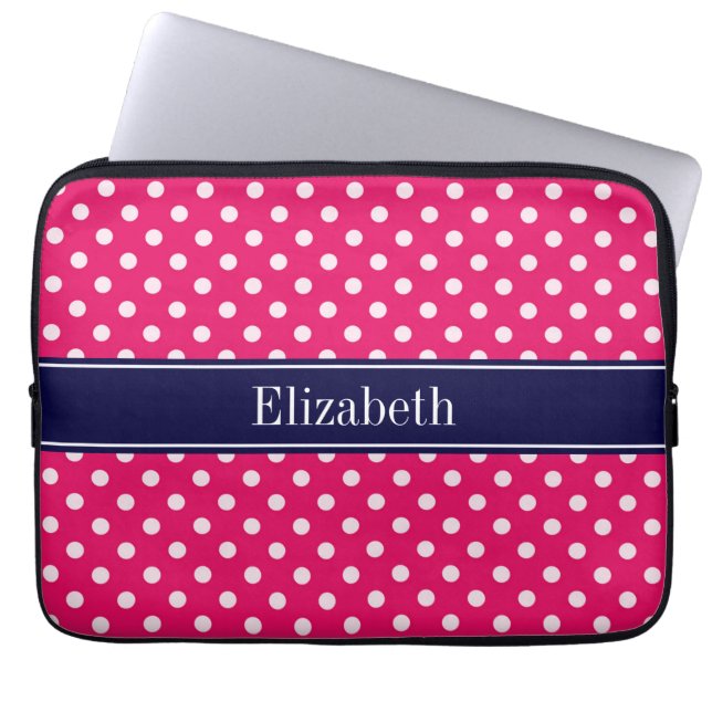 Raspberry White Polka Dots Navy Blue Name Monogram Laptopschutzhülle (Vorderseite)