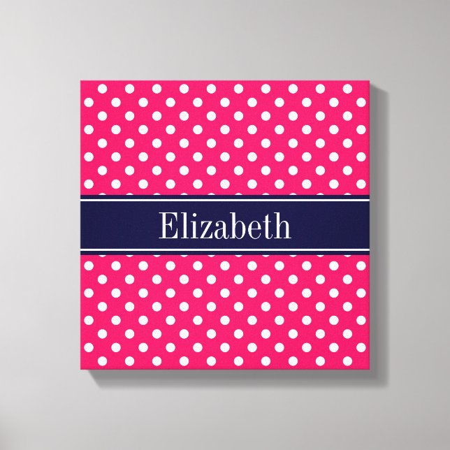 Raspberry White Polka Dots Navy Blue Name Monogram Leinwanddruck (Vorderseite)
