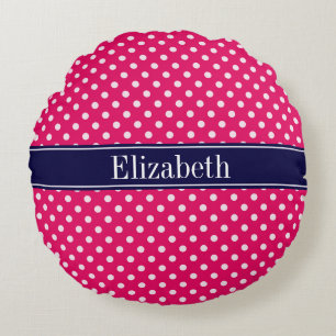 Raspberry White Polka Dots Navy Blue Name Monogram Rundes Kissen