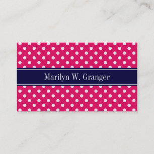 Raspberry White Polka Dots Navy Blue Name Monogram Visitenkarte