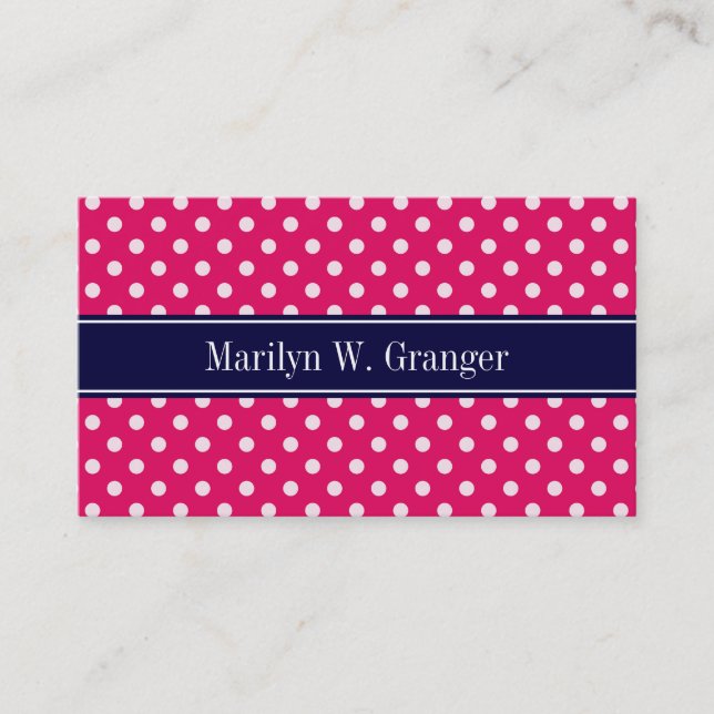 Raspberry White Polka Dots Navy Blue Name Monogram Visitenkarte (Vorderseite)