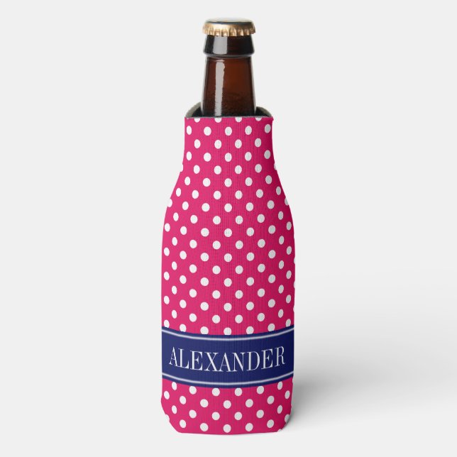 Raspberry White Polka Dots Navy Name Monogram Flaschenkühler (Flaschenvorderseite)