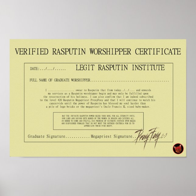 RASPUTIN-WORSHIPPER-BESCHEINIGUNG POSTER (Vorne)
