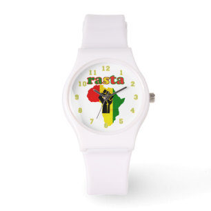 Rasta,  Black Power Fist over Africa White   Armbanduhr