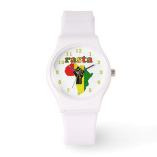 Rasta,  Black Power Fist over Africa White   Armbanduhr
