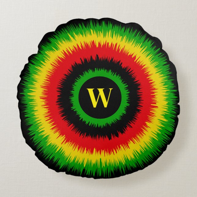 Rasta Gefärbte Krawatte Monogram Rundes Kissen (Vorderseite)