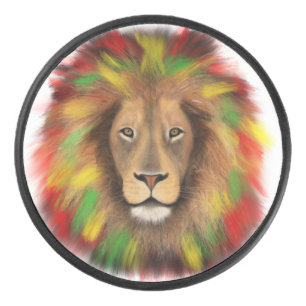 Rasta-Löwenkopf rot gelb grün Zeichnung Jamaika Eishockey Puck