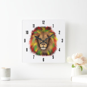 Rasta-Löwenkopf rot gelb grün Zeichnung Jamaika Quadratische Wanduhr