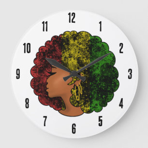 Rasta Schwarze Mädchen Frau Afro rot gelb grün Große Wanduhr