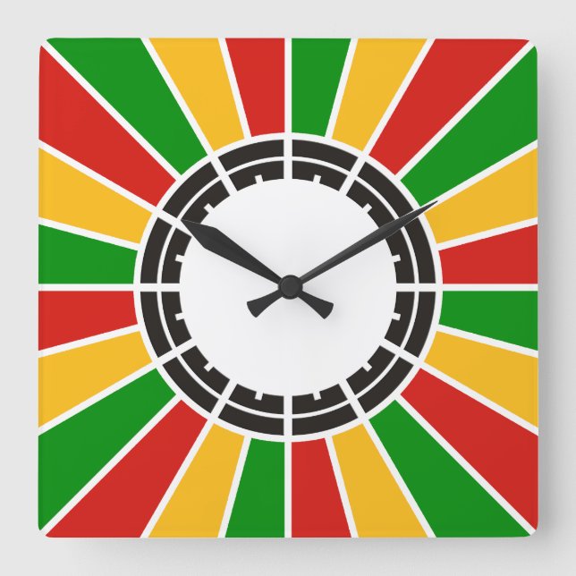 RASTAFARI FLAG BUTTON RAYS + Ihr Zeichen oder Mono Quadratische Wanduhr (Vorderseite)