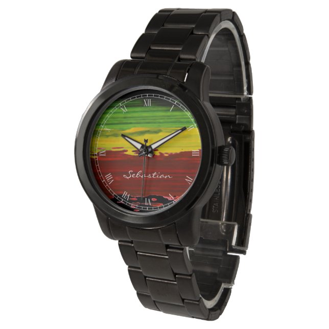 Rastafarian Paint Stripes Individuelle Name Watch Armbanduhr (Schrägansicht)