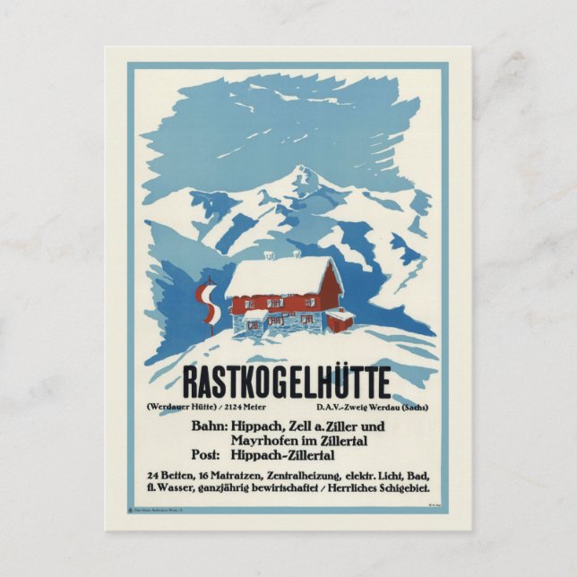Rastkogelhütte Deutschland Vintage Poster 1938 Postkarte (Vorderseite)