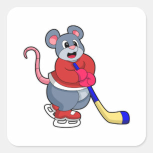 Rat mit Eishockey und Eishockeyschläger Quadratischer Aufkleber