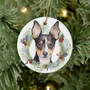 Rat Terrier Christmas Wreath Festive Pup Keramik Ornament