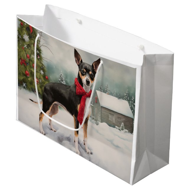 Rat Terrier Dog im Schnee Weihnachten Große Geschenktüte (Vorderseite Schrägansicht)