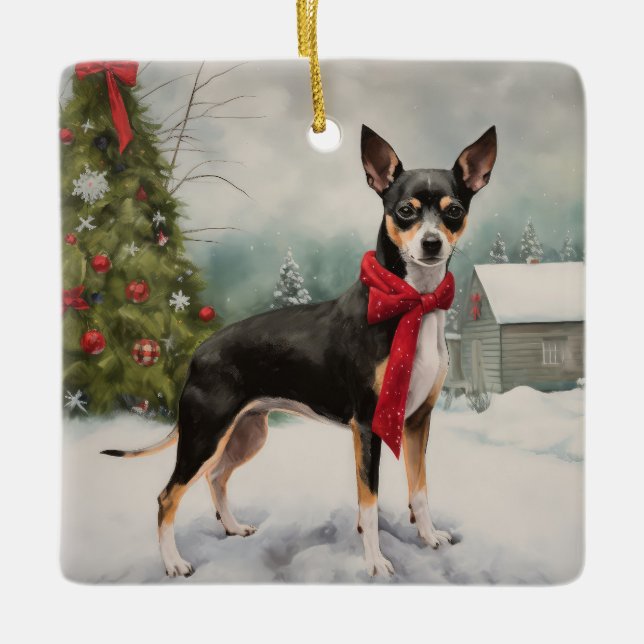 Rat Terrier Dog im Schnee Weihnachten Keramikornament (Vorderseite)