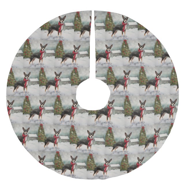 Rat Terrier Dog im Schnee Weihnachten Polyester Weihnachtsbaumdecke (Vorderseite)