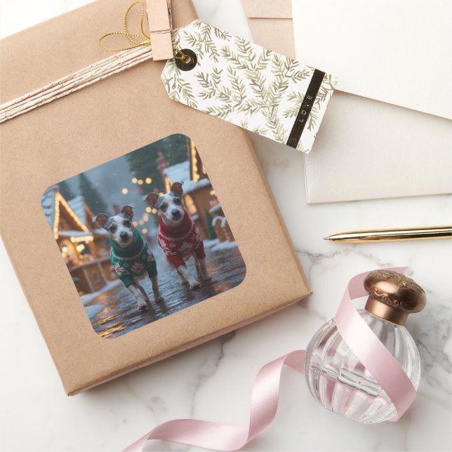 Rat Terrier Dogs Christmas Snow Holiday Quadratischer Aufkleber (Schenken)