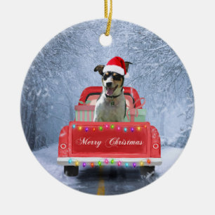Rat Terrier Hund im Schnee sitzend im Weihnachtswa Keramik Ornament