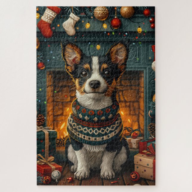 Rat Terrier Hund mit Weihnachtsgeschenken Kamin Puzzle (Vertikal)